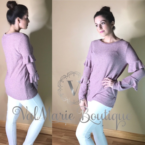 Ribbed Knit Ruffle Sleeve Top - Picture 4 of 5